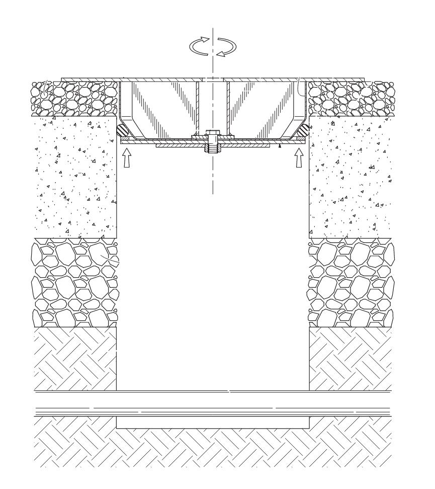 Engineering cross-section showing Core Cap's expansion mechanism gripping the pavement, with the entire bore hole below remaining open for slurry backfill